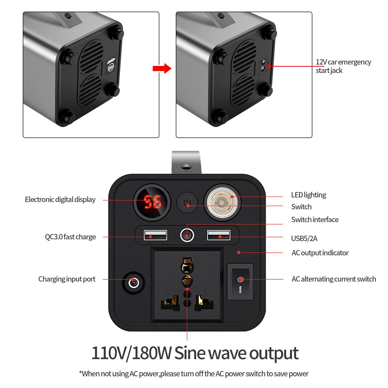 180W AC 110V 3-1 Car Jump Starter+Car Inverter+Outdoor Power Car Ignition Inverter Outdoor Power Supply