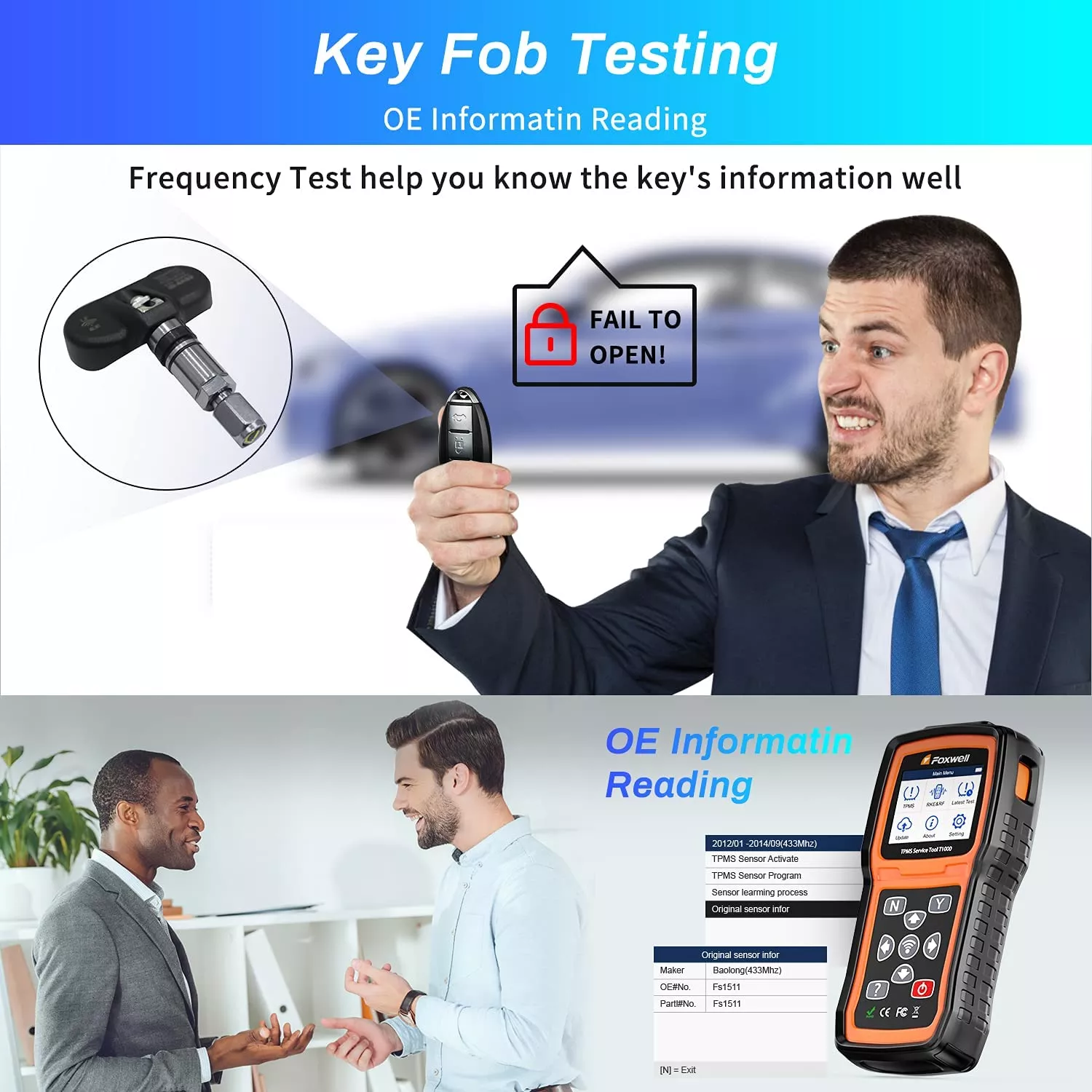 Foxwell T1000 TPMS Tool With TPMS Sensors Programming Activate Check RF Key FOB Tire Pressure Monitoring System Auto Tester Detector