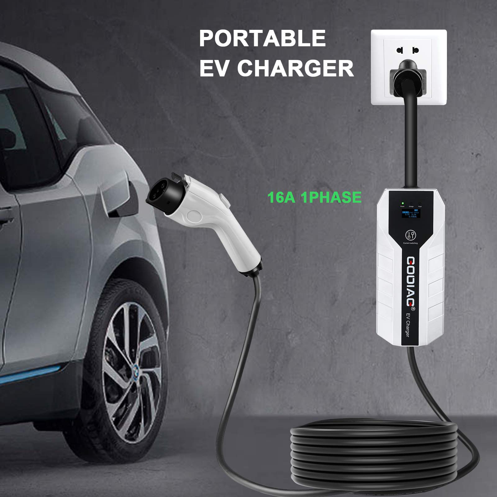 GODIAG EV Charger Portable Fast US Standard 110V/220V dual Voltage Modes 16 Amps with 16.4ft Extension Cord Compatible with J1772 Electric Vehicles