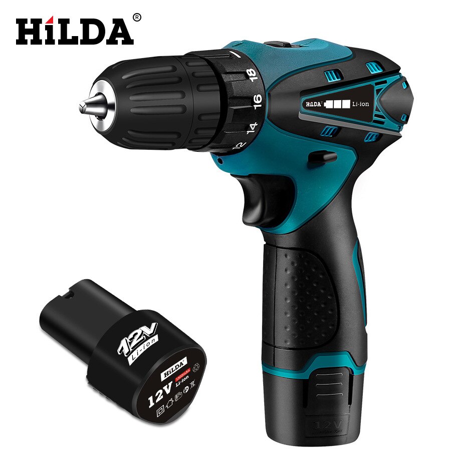 HiLDA 12V Cordless Screwdriver Electric Drill Double Speed Chargable Lithium Battery LED Light Waterproof Hand Electric Drill