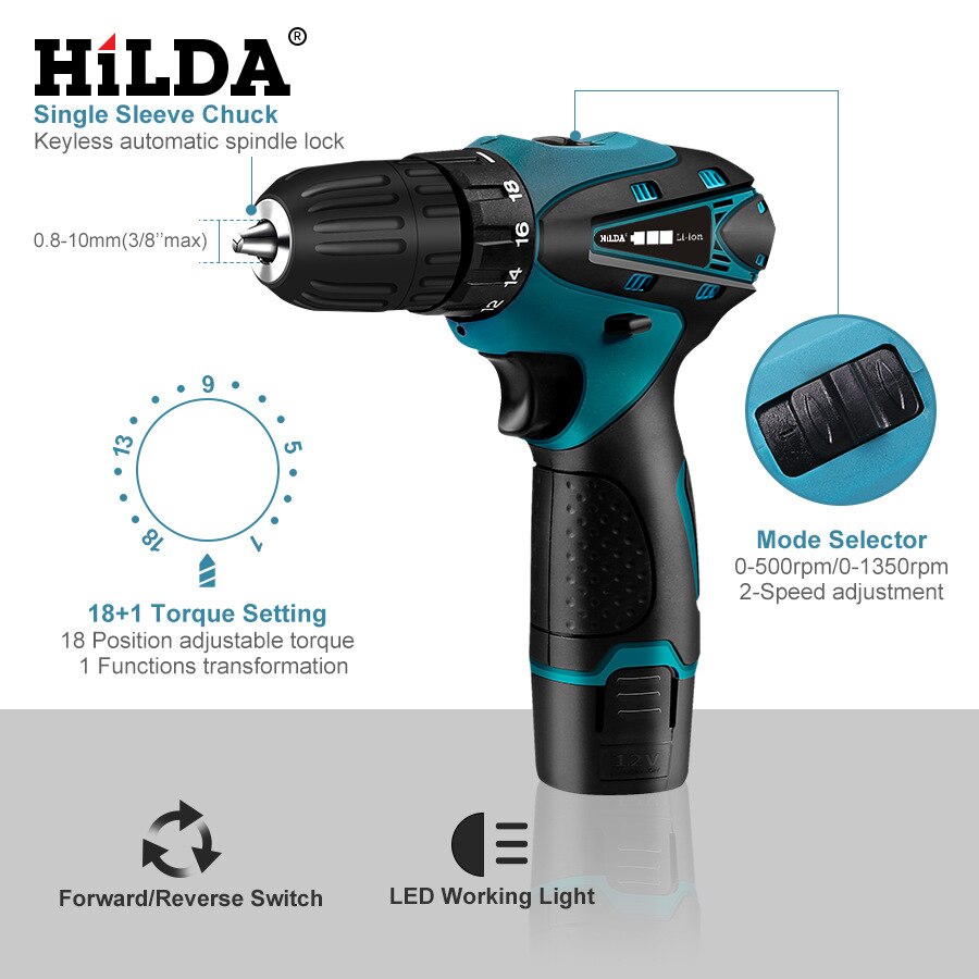 HiLDA 12V Cordless Screwdriver Electric Drill Double Speed Chargable Lithium Battery LED Light Waterproof Hand Electric Drill
