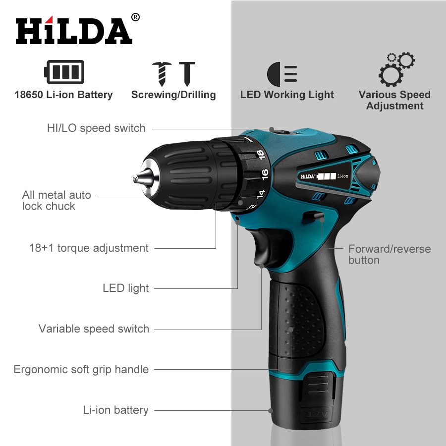 HiLDA 12V Cordless Screwdriver Electric Drill Double Speed Chargable Lithium Battery LED Light Waterproof Hand Electric Drill