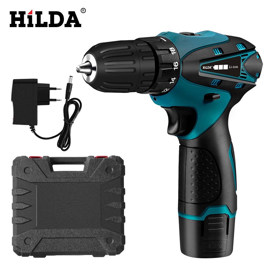 HiLDA 12V Cordless Screwdriver Electric Drill Double Speed Chargable Lithium Battery LED Light Waterproof Hand Electric Drill