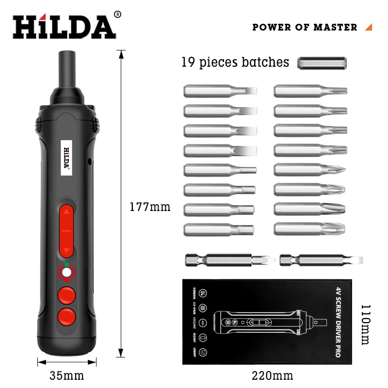HILDA 4V Electrical Screwdriver Set Cordless Electric Drill USB Rechargeable Handle with LED 19 Bit Set Drill