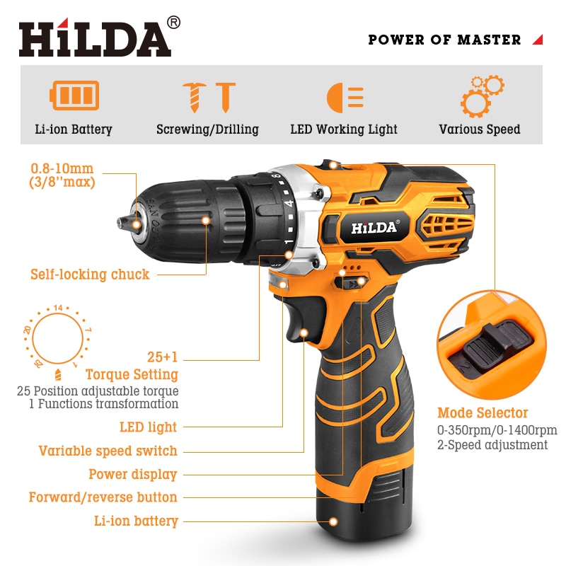 HILDA Cordless Drill Electric Drill Wireless Drill  Electric Screwdriver Cordless Screwdriver DC Lithium Battery Power Tools