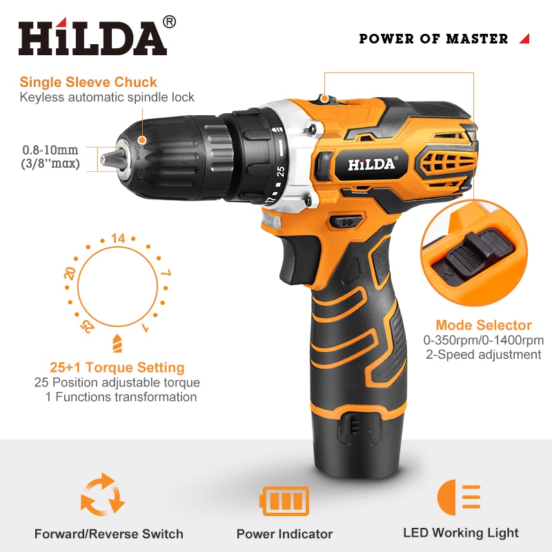 HILDA Cordless Drill Electric Drill Wireless Drill  Electric Screwdriver Cordless Screwdriver DC Lithium Battery Power Tools