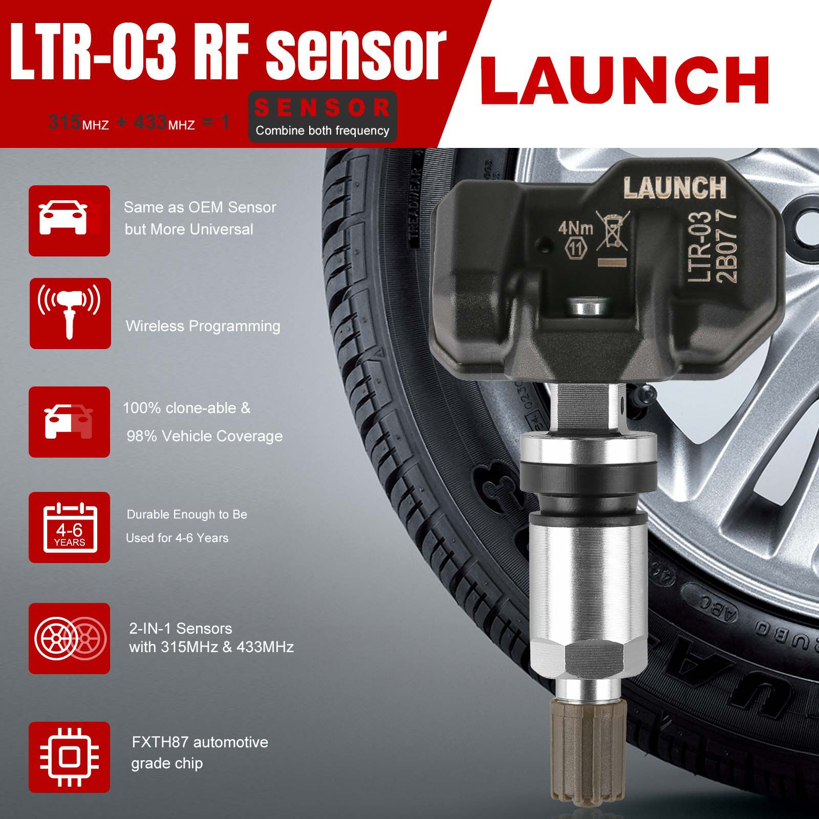 4pcs LAUNCH LTR-03 RF Sensor 315MHz & 433MHz TPMS Sensor Tool Metal & Rubber Free Shipping