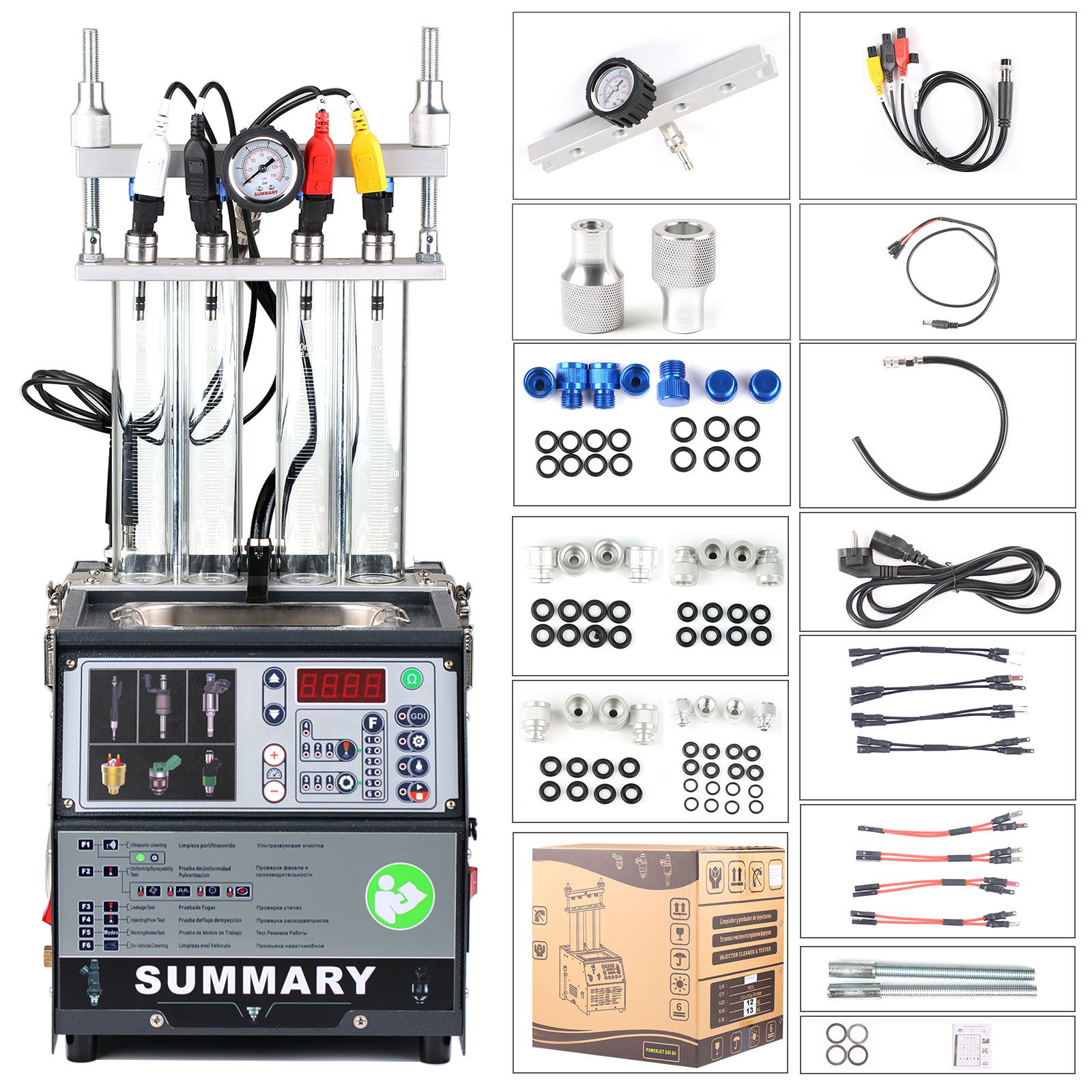 Summary PowerJet GDI S4 Injector Cleaner & Tester Machine Kit 4-Cylinder Support for 110V/220V Petrol Vehicles Motorcycle