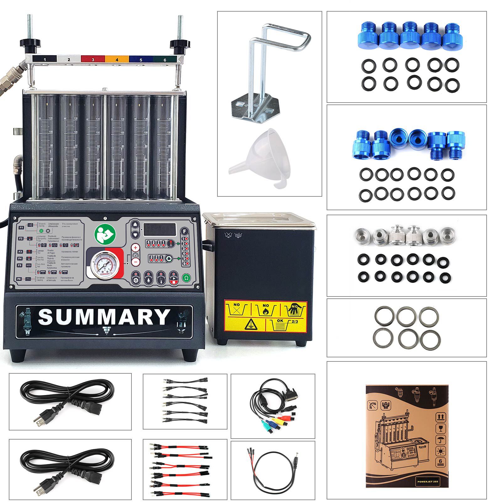 Summary PowerJet Pro 260 Injector Cleaner & Tester Machine Kit Support for 110V/220V Petrol Vehicles Motorcycle 6-Cylinder