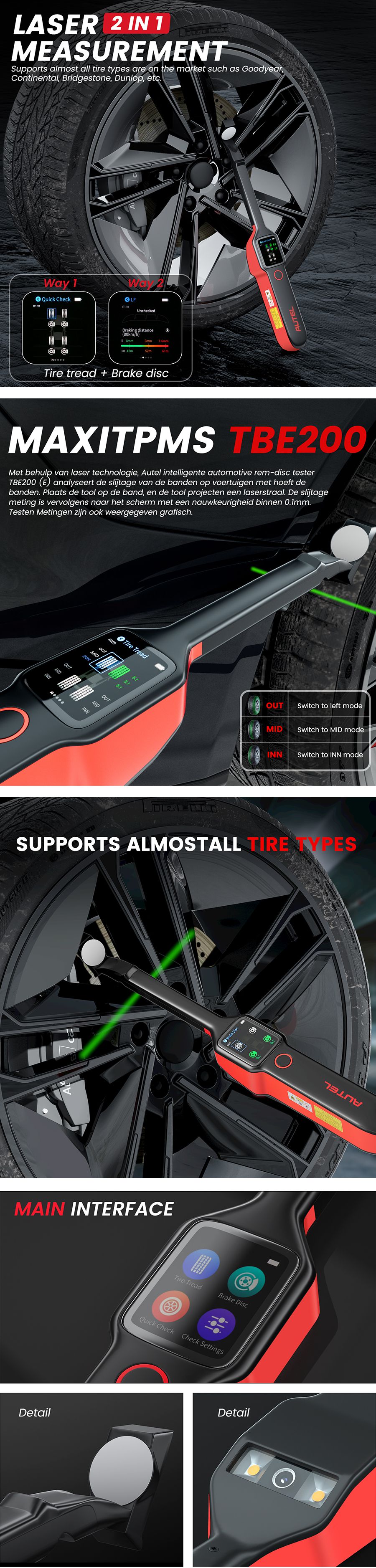 Autel MaxiTPMS TBE200 Tire Brake Examiner Laser Tire Tread Depth Brake Disc Wear 2-in-1 Tester Work with ITS600