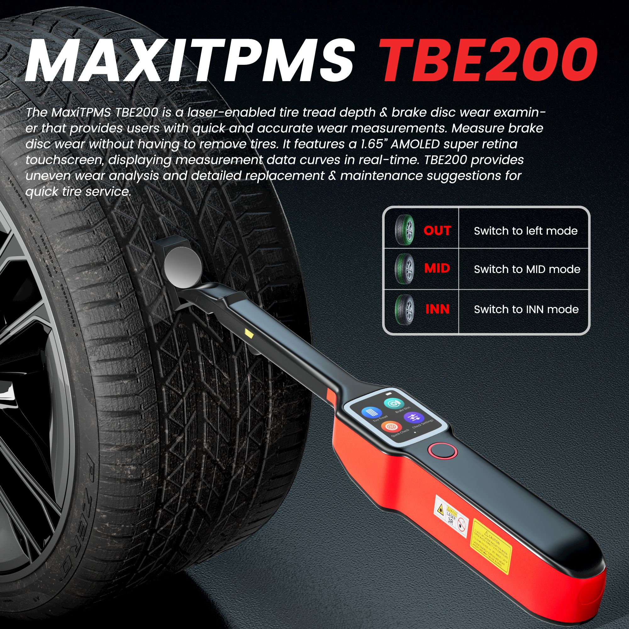 Autel MaxiTPMS TBE200E Tire Brake Examiner 2022 Newest Laser Tire Tread Depth Brake Disc Wear 2in1 Tester Work with ITS600E