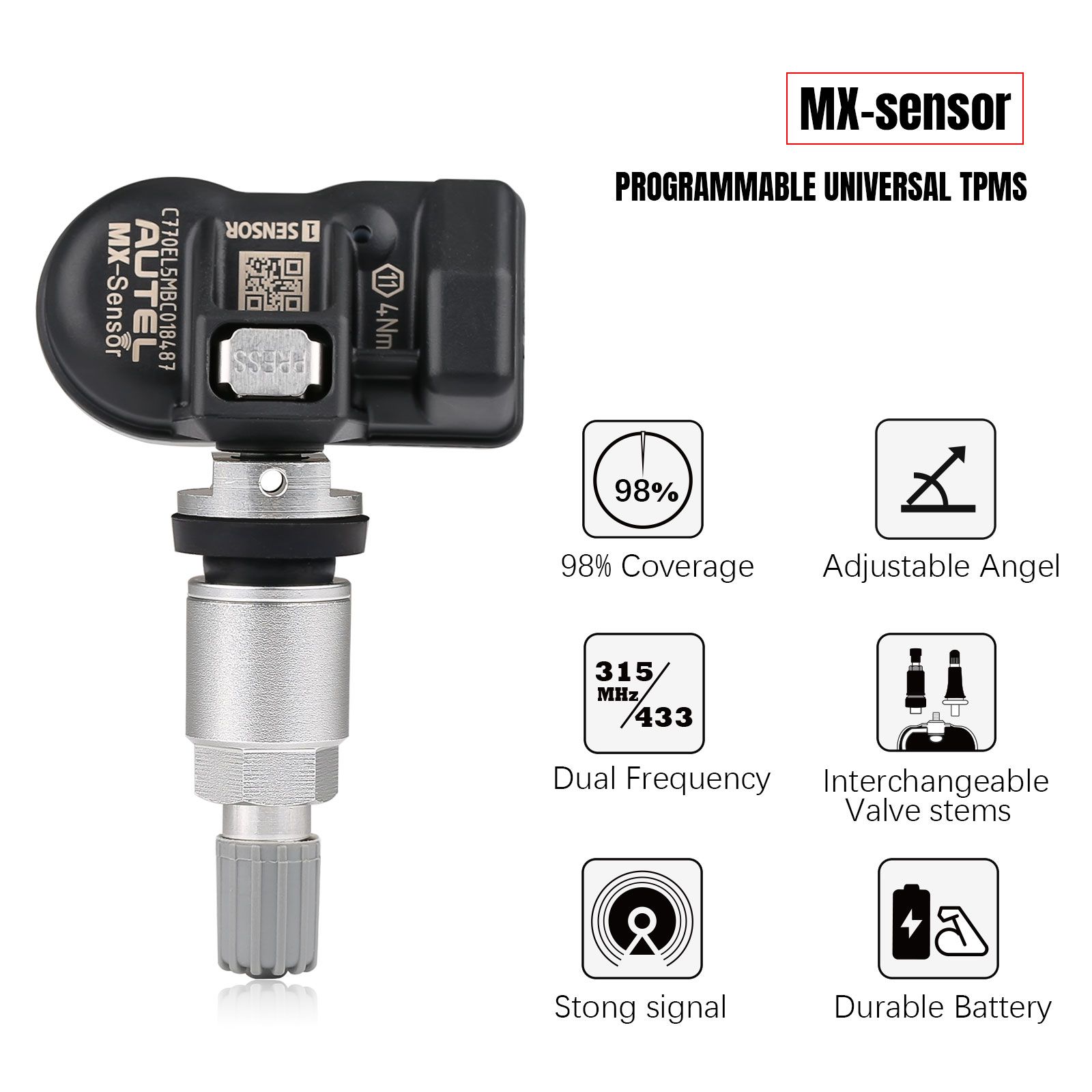 Autel MX-Sensor 315MHz+433MHz 2 in 1 Universal Programmable TPMS Sensor Metal/Rubber OE Level Tire Pressure Monitoring System