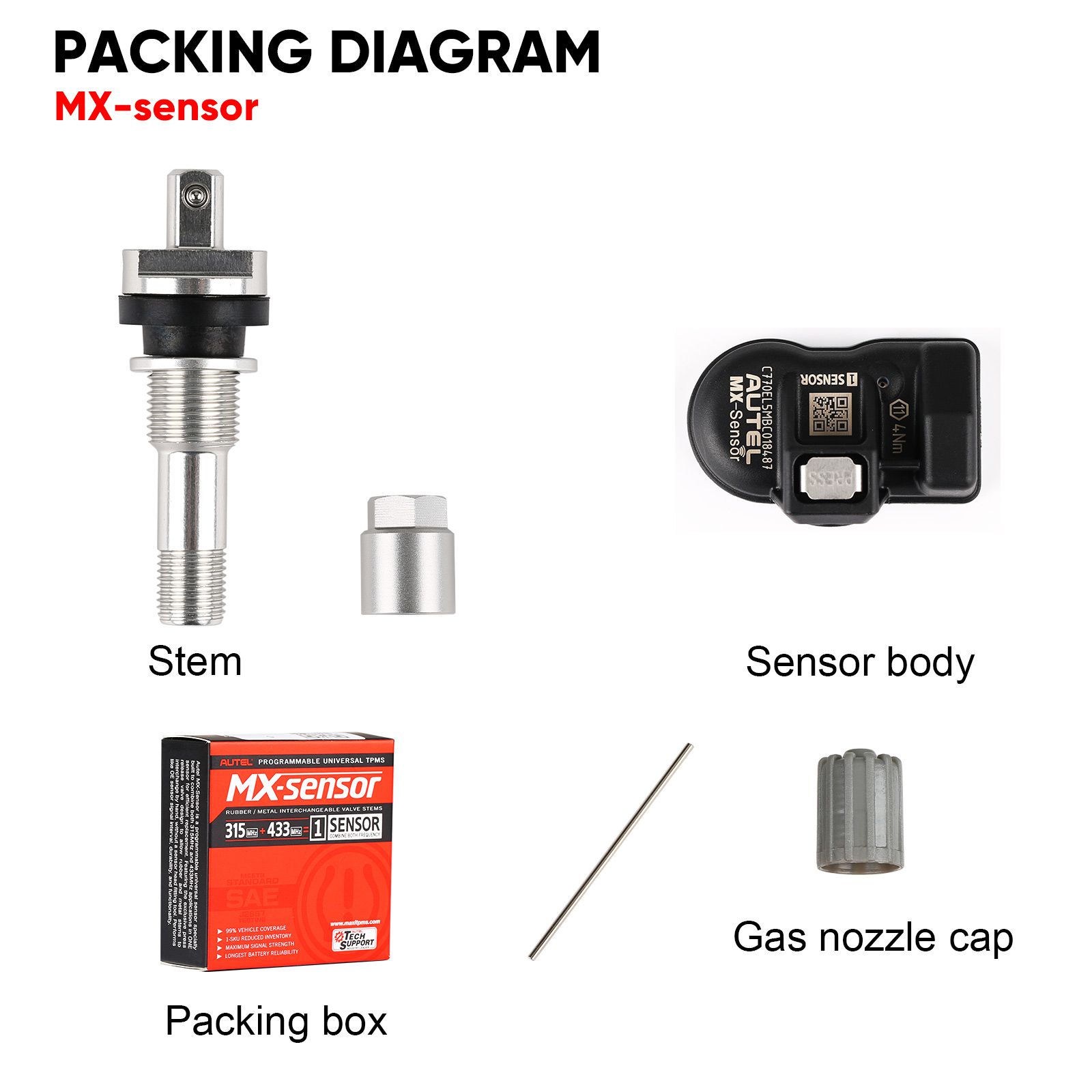 Autel MX-Sensor 315MHz+433MHz 2 in 1 Universal Programmable TPMS Sensor Metal/Rubber OE Level Tire Pressure Monitoring System