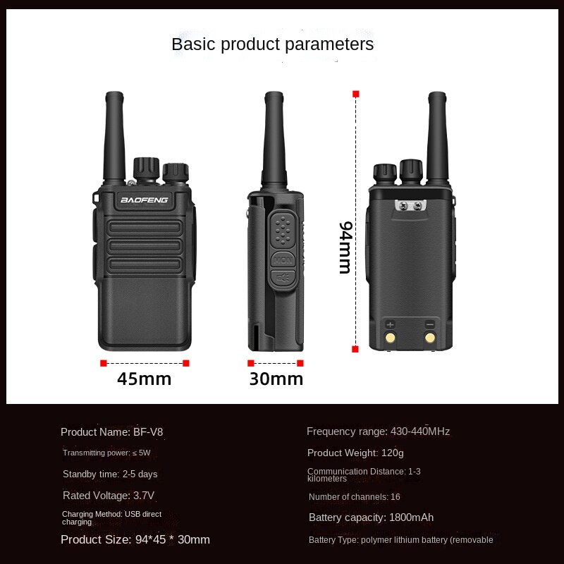 Baofeng BF-V8 Portable Walkie Talkie High Power Mobile Radio Walkie-Talkie Suitable for Civil Hotel Dining Outdoor