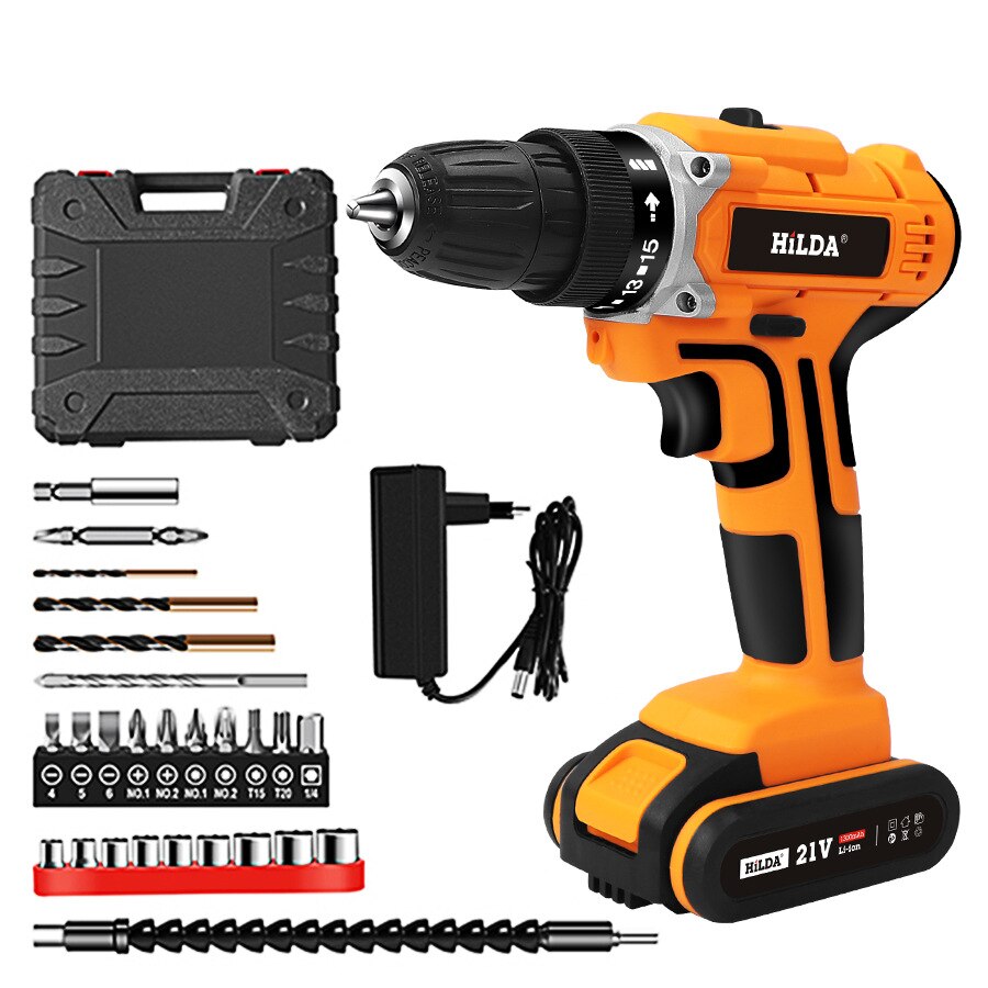 HiLDA 21V Cordless Screwdriver Electric Drill Chargable Lithium Battery Waterproof Electric Hand Drill Household Impact Drill