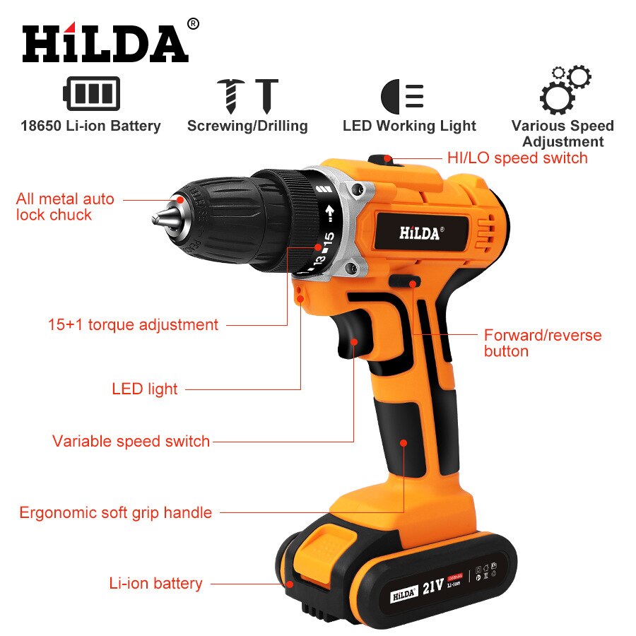HiLDA 21V Cordless Screwdriver Electric Drill Chargable Lithium Battery Waterproof Electric Hand Drill Household Impact Drill