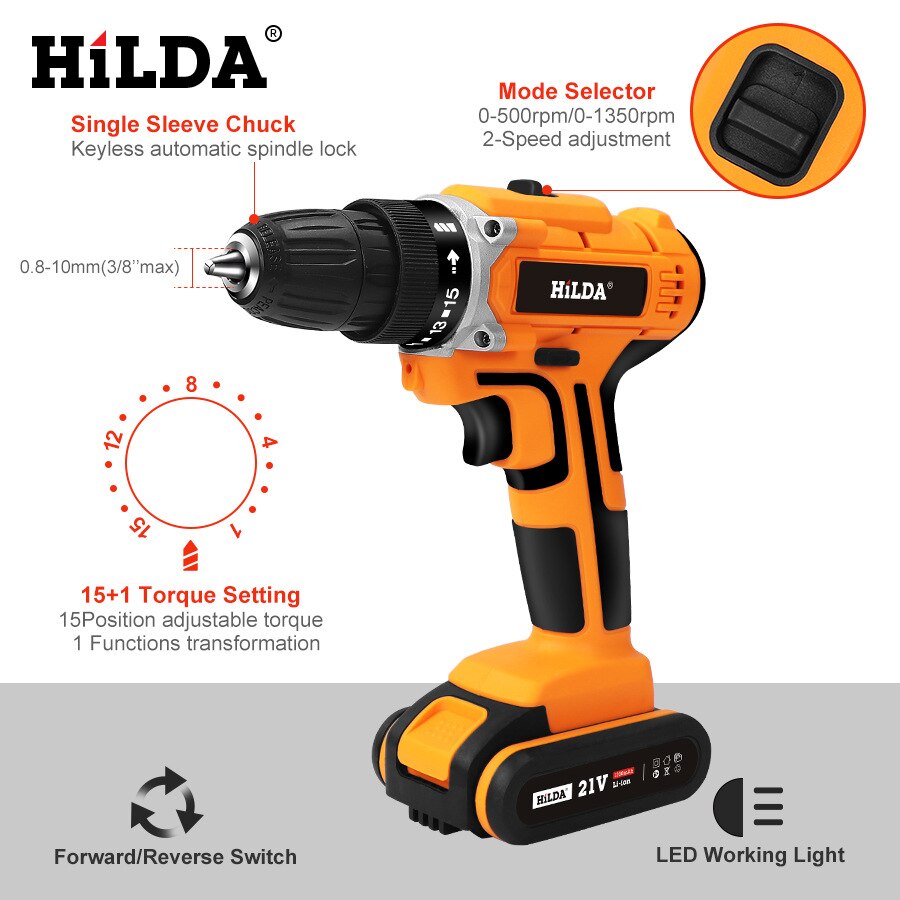 HiLDA 21V Cordless Screwdriver Electric Drill Chargable Lithium Battery Waterproof Electric Hand Drill Household Impact Drill