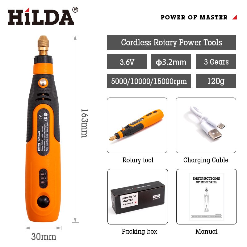 Hilda 3.6V USB Electric Drill Tool Kit Small Lithium Electrical Grinding Pen Lithium Electric Grinding Egg Carved Miniature