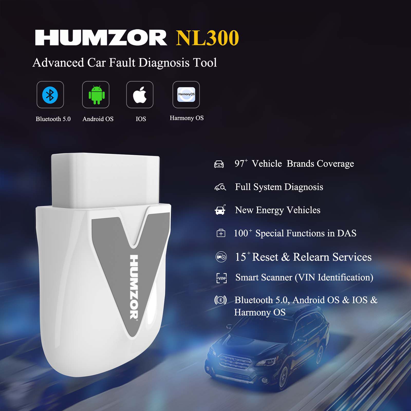 2023 Newest Humzor NEXZSCAN NL300 Full Version with OBD Diagnoses ECU Coding OBD2 Code Reader and Multi-Reset Functions Free Software Update